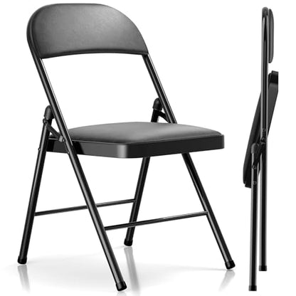 Fenbeli 2 Pack Padded Folding Chairs with Cushion, Black PU Leather Foldable Chairs for Dining, Balcony & Spare Guest Pair, 330-Pound Heavy-Duty Steel Frame, Auto-Lock Hinge, Wipe-Clean, Folds Flat - color: Black, size: Set of 2