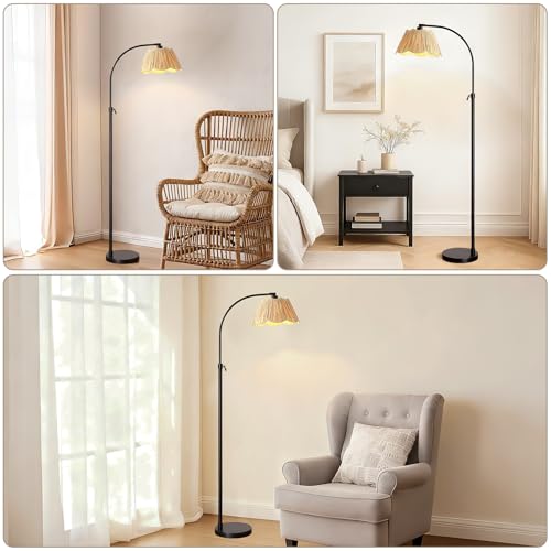 64'' Adjustable Arc Floor Lamp with Woven Pleated Shade, Black - color: Black