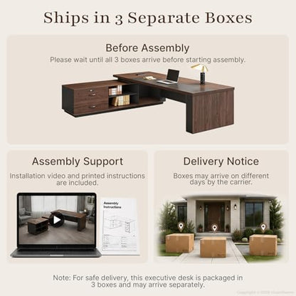 95" Reversible L-Shaped Executive Desk for CEO's Office - color: Red Walnut+graphite Gray, size: 95"L x 71"W