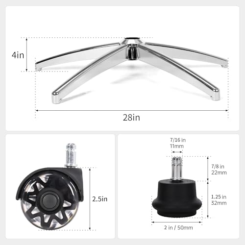 Office Gaming Chair Metal Base Replacement Part with 5 Wheels 5 Bell Glides - color: Silver