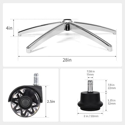 Office Gaming Chair Metal Base Replacement Part with 5 Wheels 5 Bell Glides - color: Silver