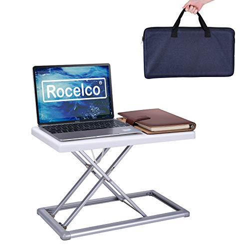 Rocelco 19" Portable Laptop Riser, Height Adjustable Travel Standing Desk Converter, Premium Compact Sit Standup Keyboard Monitor Rising Workstation with Carry Bag, White R PDRW