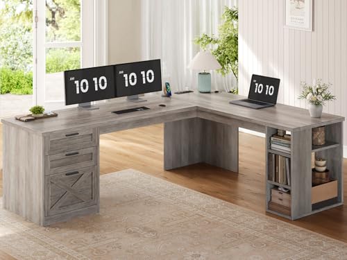 SEDETA 67" Farmhouse Executive L Shaped Desk with 3 Drawers | Executive Home Office Desks with Storage Shelves, Corner Computer Desk with Power Outlets for Home Office,Grey - color: Grey, size: L Shaped Desk