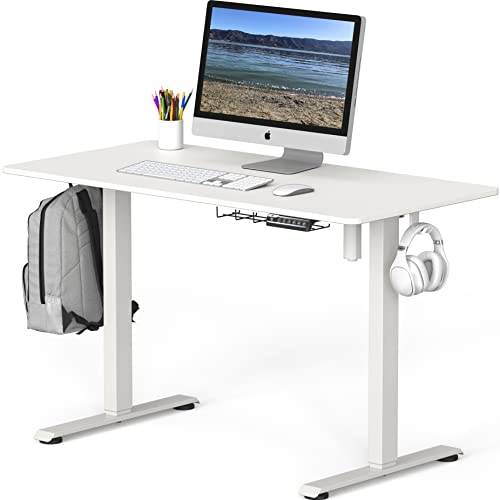 SHW 48-Inch Electric Height Adjustable Sit to Stand Desk, White | with Hanging Hooks and Cable Management, White Frame and White Top - color: White, size: 48-Inch
