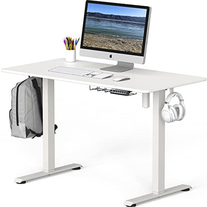 SHW 48-Inch Electric Height Adjustable Sit to Stand Desk, White | with Hanging Hooks and Cable Management, White Frame and White Top - color: White, size: 48-Inch