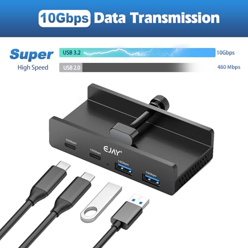 EJAY Clamp 10Gbps USB Hub 4-Port (2A2C) Hub for iMac & PC - color: Black