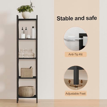 Homhedy 5 Tier Small Bookshelf, Tall Narrow Bookcase, Metal Book Shelf | Industrial Style for Small Spaces, Home, Office, Living Room, Kitchen, Bedroom , 10.4" D x 13" W x 55.1" H, Black - color: Black, size: 10.4"D x 13"W x 55.1"H