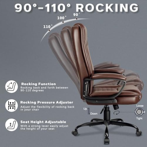LEMBERI High Back PU Leather Executive Office Chair, Adjustable Swivel Computer Desk Chair with Padded Armrests for Home Office, Brown - color: Brown
