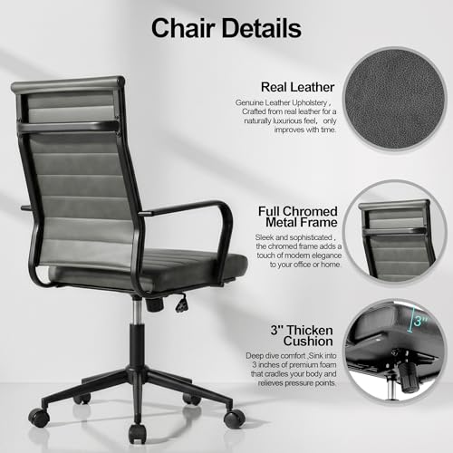 Okeysen Genuine Leather Office Desk Chair, Mid-Century Modern Real Leather Conference Room Chairs, Ergonomic Executive Ribbed Height Adjustable Swivel Rolling Chair for Home Office. - color: Dark Grey