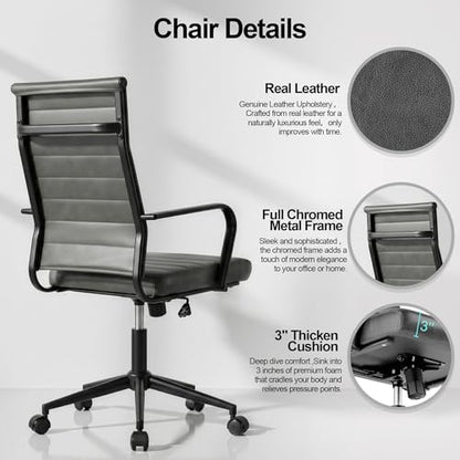 Okeysen Genuine Leather Office Desk Chair, Mid-Century Modern Real Leather Conference Room Chairs, Ergonomic Executive Ribbed Height Adjustable Swivel Rolling Chair for Home Office. - color: Dark Grey