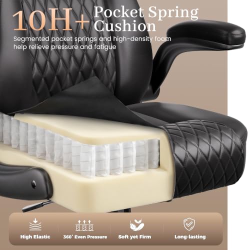 COMHOMA Mid-Back Office Chair, Ergonomic PU Desk Chair with Flip up Arms, Small Computer Gaming with Comfy Lumbar Support,Rocking Function,Sturdy Metal Base, Black - color: Black