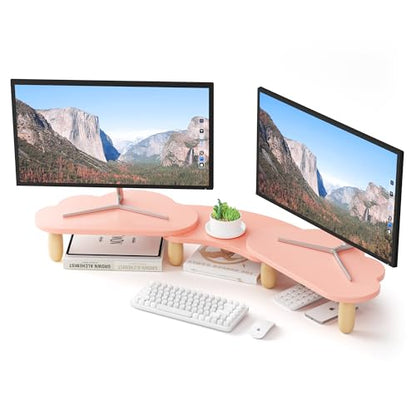 AFOOYO Dual Monitor Stand Riser, Adjustable Rainbow Cloud Desktop Organizer for 2 Monitors, Flexible Length & Angle Computer Stand for Laptop, PC, Printer, Home Office Use - Pink
