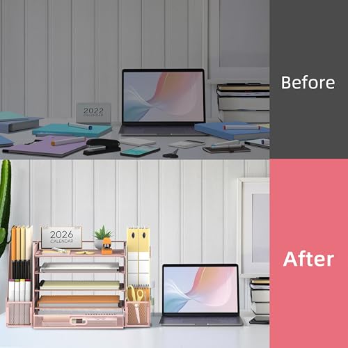 SUPEASY Mesh Desk Organizer with File Holder, 5-Tier Paper Letter Tray Organizer with Magazine Holder, Desktop Organizer and Storage with Drawer for Office Supplies Home or School (Pink) | Two side magazine holders and a bottom drawer store papers, folder