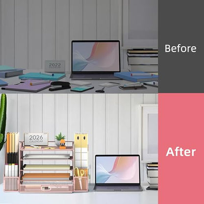 SUPEASY Mesh Desk Organizer with File Holder, 5-Tier Paper Letter Tray Organizer with Magazine Holder, Desktop Organizer and Storage with Drawer for Office Supplies Home or School (Pink) | Two side magazine holders and a bottom drawer store papers, folder