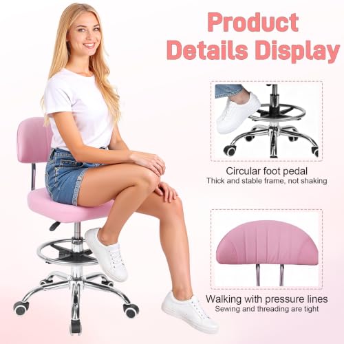 Height Adjustable Office Chair, 360-Degree Swivel Drafting Chair, Backrest, Foot Rest, 220lbs Load-Bearing, Ergonomic Rolling Computer, Lumbar Support, Home Studio Dental Salon Pink - color: Pink