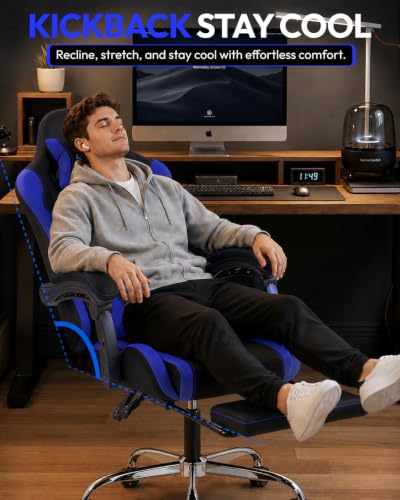Dowinx Ergonomic Gaming Chair with Footrest & Massage Lumbar, 2D-Linkage Armrests for Computer Chair 330lbs with Headrest Pillow for Office, Home, Streaming and Long Gaming Sessions, Fabric Dark Blue - color: Dark Blue