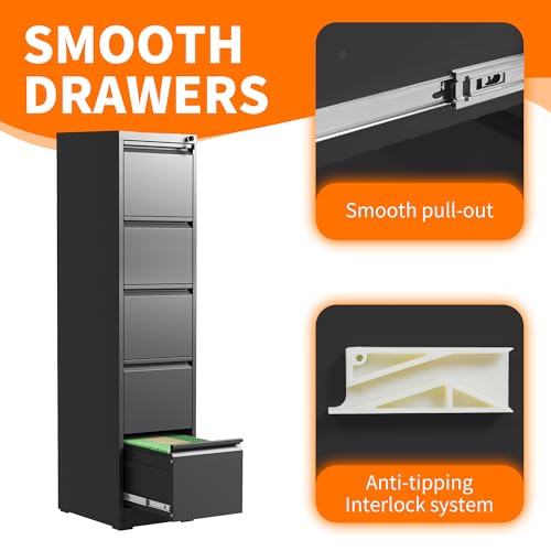 Metal File Cabinet with Drawer Heavy Duty Locking File Cabinets | Home Office Steel Filing Cabinet Vertical File Cabinets for Legal/Letter Size File,Assembly Required - color: Black, size: 64.2"H-5 drawers