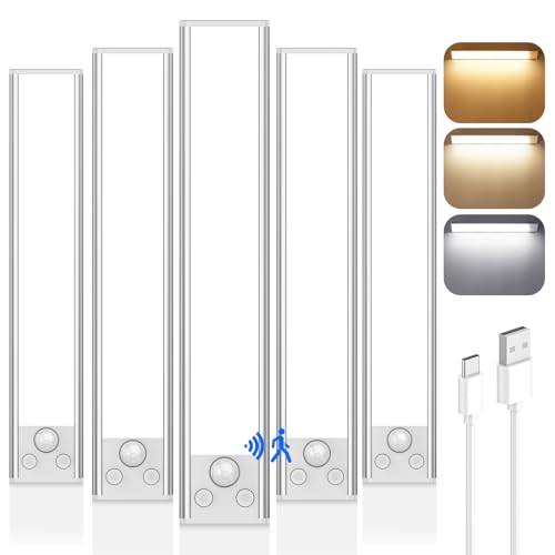 VerRon 12inch Under Cabinet Lighting, Motion Sensor Light Indoor, 5-Pack | Dimmable 108-LED Under-Counter Light Fixture for Kitchen, 2500mAh Rechargeable, Magnetic Mount, with 3-in-1 Color Modes - color: 3CCT-5Pack, size: 12 inch