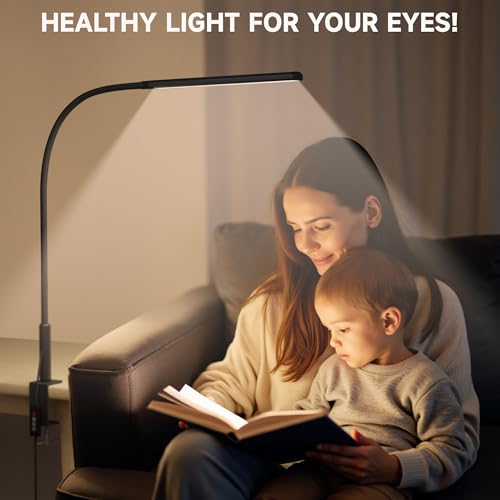 Clamp on Desk Lamp for Home Office, Eye-Caring Jigsaw Puzzle Desk Light | Desk Lamp with Clamp Mount, 3 Colors Stepless Dimming, Flexible Gooseneck Table Lamp with Adapter for Sewing, Black - color: Black Pro