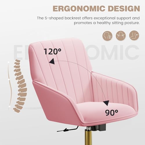 YITAI Velvet Office Desk Armchairs with Gold Base and Wheels,Modern Height Adjustable 360 Degree Swivel Upholstered Vanity Chairs for Living/Room Bedroom/Study,Pink - color: Gold Pink