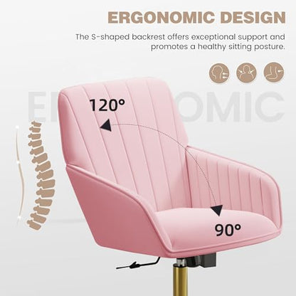 YITAI Velvet Office Desk Armchairs with Gold Base and Wheels,Modern Height Adjustable 360 Degree Swivel Upholstered Vanity Chairs for Living/Room Bedroom/Study,Pink - color: Gold Pink