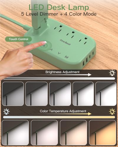 LED Desk Lamp Power Strip with 4 USB 3 Outlets, Dorm Room Essentials, Green - color: Green, size: 5 Ft