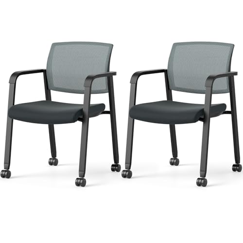 Tangkula Rolling Conference Room Chairs Set of 2, Stackable Office Guest Mesh Chairs with Armrests and Wheels, Ideal for Waiting Room Office, School, Lobby (Grey) - color: Grey, size: Set of 2