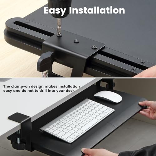 Keyboard Tray Under Desk, Slide Out Computer Keyboard & Mouse Tray with C Clamp-on Mount Easy to Install,24" W（Including Clamps） X 12"D Small Size,Black