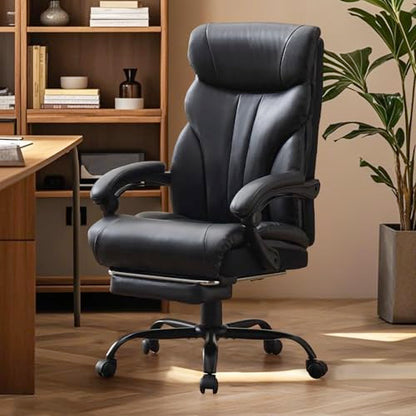 Office Chair with Footrest 500 LBS, Heavy Duty Executive Leather Desk Chair 100-135° Recline, Ergonomic Computer Chair for Heavy People Long Hours Work with Retractable Footrest, Black - color: Black With Footrest