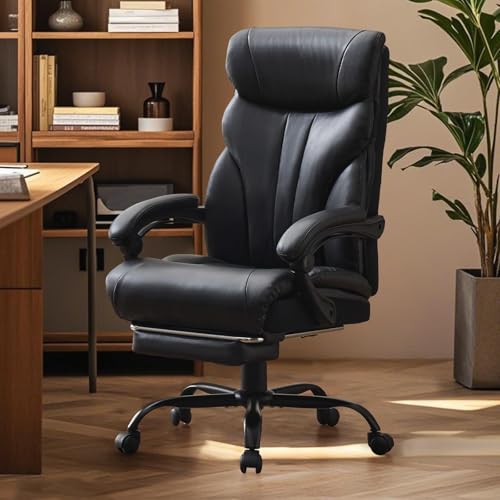Office Chair with Footrest 500 LBS, Heavy Duty Executive Leather Desk Chair 100-135° Recline, Ergonomic Computer Chair for Heavy People Long Hours Work with Retractable Footrest, Black - color: Black With Footrest