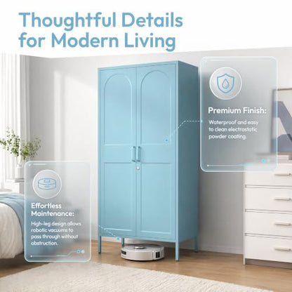 Lockable Metal Wardrobe Closet with Hanging Rod and 3 Adjustable Shelves,67" Metal Storage Cabinet with 2 Doors,Steel Armoire Wardrobe Closet for Bedroom Living Room Cloak Room (Blue) - color: Blue, style: 67"H-Wardrobe-DY