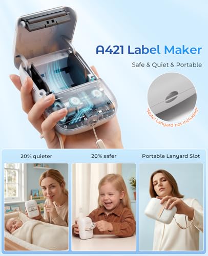 Label Maker, A421 Bluetooth Label Thermal Printer for Small Business & Home | Inkless Printer for Barcode, Address, Office, Compatible with iOS & Android, with 1 Label - color: White