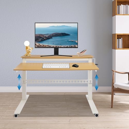 Adjustable Standing Desk, 2-Tier Standing Desk Rolling Standing Desk Mobile Desk Workstation Computer Desk with 4 Wheels for Bedrooms, Computer Rooms, Study Rooms, Offices