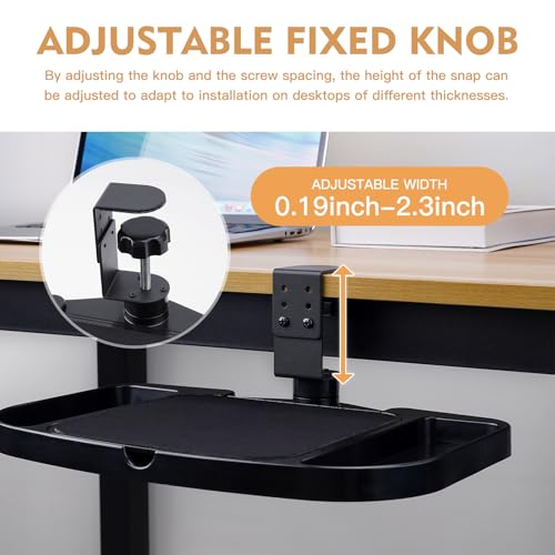 Clamp-on Mouse Pad Holder Platform, Height Adjustable Under Desk 360° Rotating Mouse Tray Rest Extension Attachment, with 5 Storage compartments Save Space