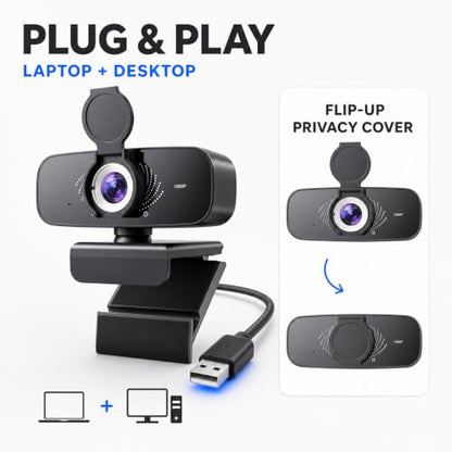1080P Webcam with Microphone, Privacy Cover & USB-C Adapter
