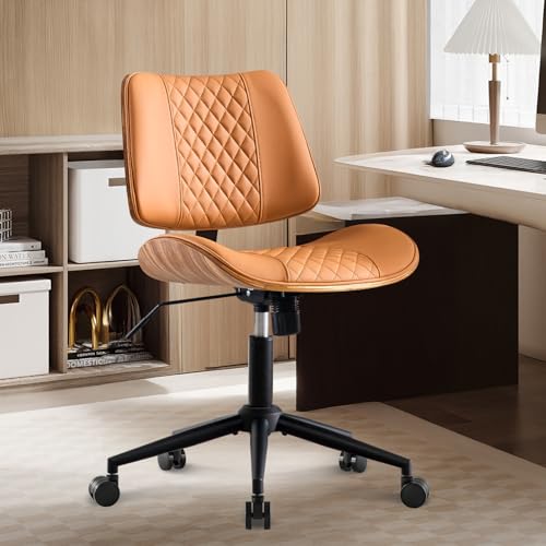 BV Mid Century Office Chair, Armless Small Desk Chair with Bentwood Back and Wheels, Swivel Task Chair for Compact Spaces, Faux Leather Upholstery, No Arms Mid Back Design, Brown - color: Brown, size: MCM Style
