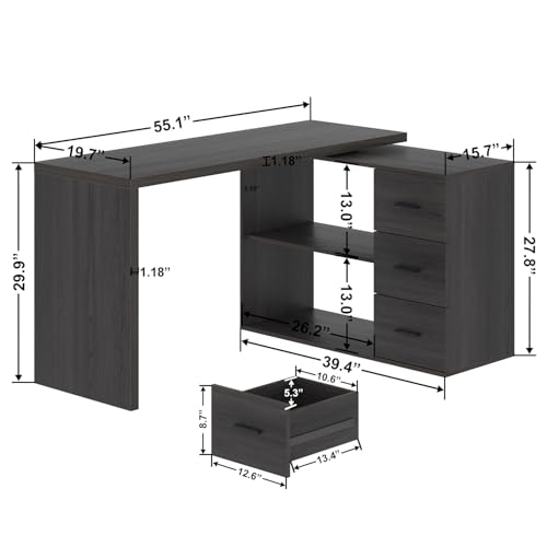 HSH Dark Grey L Shaped Computer Corner Desk with 3 Storage Drawers 55 inch | Reversible Home Office Corner Desk with 2 Open Side Shelves Modern Wood Executive L Desks for Bedroom,Study Workstation - color: Dark Gray Oak, size: 55 Inch