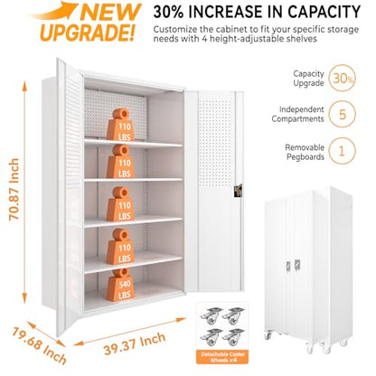 Upgraded Tall & Wide Metal Storage Cabinet with Doors & 4 Adjustable Shelves | Heavy-Duty Black Lockable Garage Cabinet with Wheels & Pegboard for Office, Gym, Basement, Warehouse (White) - color: White- Large