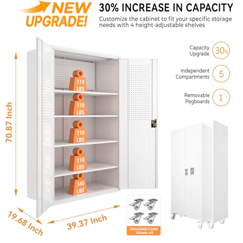 Upgraded Tall & Wide Metal Storage Cabinet with Doors & 4 Adjustable Shelves | Heavy-Duty Black Lockable Garage Cabinet with Wheels & Pegboard for Office, Gym, Basement, Warehouse (White) - color: White- Large
