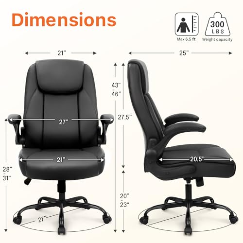 NEO CHAIR Office Desk Chair, High Back PU Leather with Flip-up Arms, Black | Ergonomic Tall Computer Desk Chair Comfy, Height Adjustable, Swivel Rolling Wheels for Office Home Gaming Study - color: Black