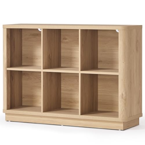 Joaxswe 6 Cube Storage Book Shelf, 40" Wide Low Horizontal Bookcase with Curved Edge, Floor Standing 2-Tier Wooden Bookshelf with Base, Modern Short Book Case for Bedroom, Study, Entryway, Natural Oak - color: Natural Oak, size: 6 Cube (11.81"D x 40.5"W x