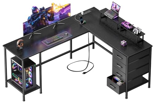 Korfile 59 inch L Shaped Computer Desk with Power Outlets, Black | Ideal for Home Office, Bedroom, Corner, 4 Adjustable Storage Drawers, 2 Monitor Stands, Reversible, Two Person Gaming Table - color: Black, size: 59 Inch