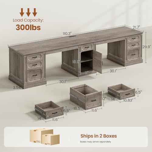 SEDETA Farmhouse 110.3" Two Person Desk with 7 Drawers, Long Computer Desk with Storage Cabinet, 2 Person Desk with Power Outlets for Home Office, Gray - color: Grey, size: 110.3" Two Person Desk
