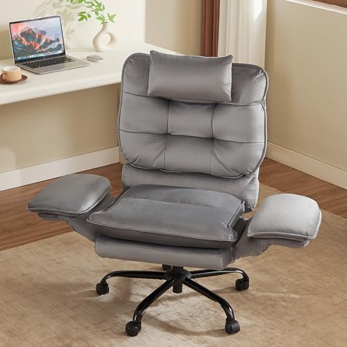 Bestier Criss Cross Chair with Wheels, Wide Desk Chair Velvet Grey | 135° Reclining Swivel Executive Chair with Flip-Up Armrests and Headrest, Big and Tall Computer Desk Chair with Side Pockets - color: Grey Velvet, size: High Back