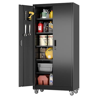 Aobabo Black Metal Garage Storage Cabinet with Wheels, 34"W x 18"D x 71"H - color: Black, size: 18"D x 34"W x 71"H