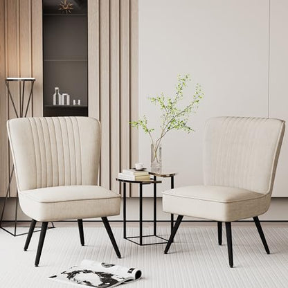 Alunaune Accent Chair Set of 2 Upholstered Living Room Chairs Modern Bedroom Furniture Sets Armless Slipper Club Chair Guest Reception Couch Comfy Wingback Single Sofa-Ivory - color: Ivory