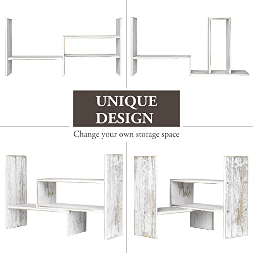MyGift Adjustable Whitewashed Solid Wood Desktop Storage Organizer Display Shelf Book Rack, Office Desk Bookshelf - color: Whitewashed
