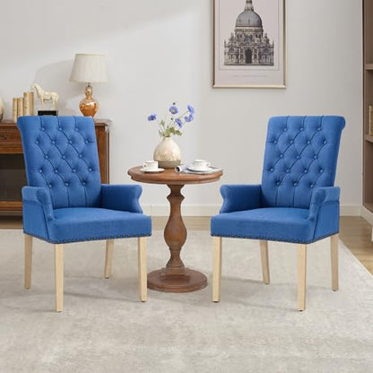 LOULENS Linen Dining Chair with Arms, Tufted Dining Room Chairs, Dark Blue | Solid Wood Legs, Nailhead Trim, Accent Chair, Kitchen Chair - color: Dark Blue, size: 1 PCS