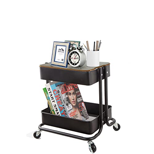 Melody House 2-Tier Metal Utility Rolling Cart Storage Organizer with Cover Board Mobile Trolley Sofa Side Table with Wheels for Office Home Kitchen Organization Black - color: A- Black
