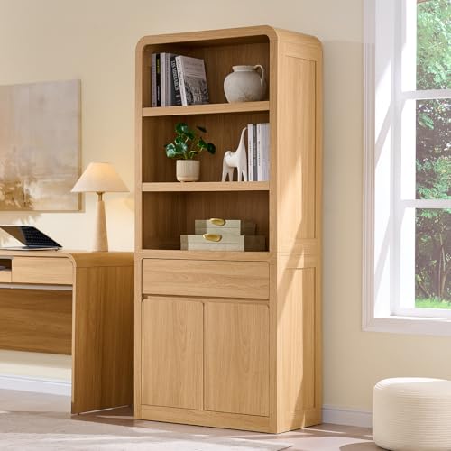 72" Tall Modern Bookshelf with Doors, 5-Tier Large Bookcase w/ Drawer, Wooden Storage Cabinet w/Adjustable Shelves, Versatile Book Shelf w/ Curved Profile Design for Living Room, Office, Natural Oak - color: Natural Oak